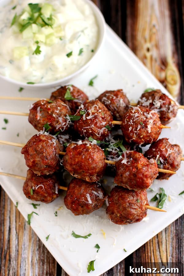 Moscato Glazed Meatball Skewers 5 Moscato Meatball Skewers served with yogurt sauce