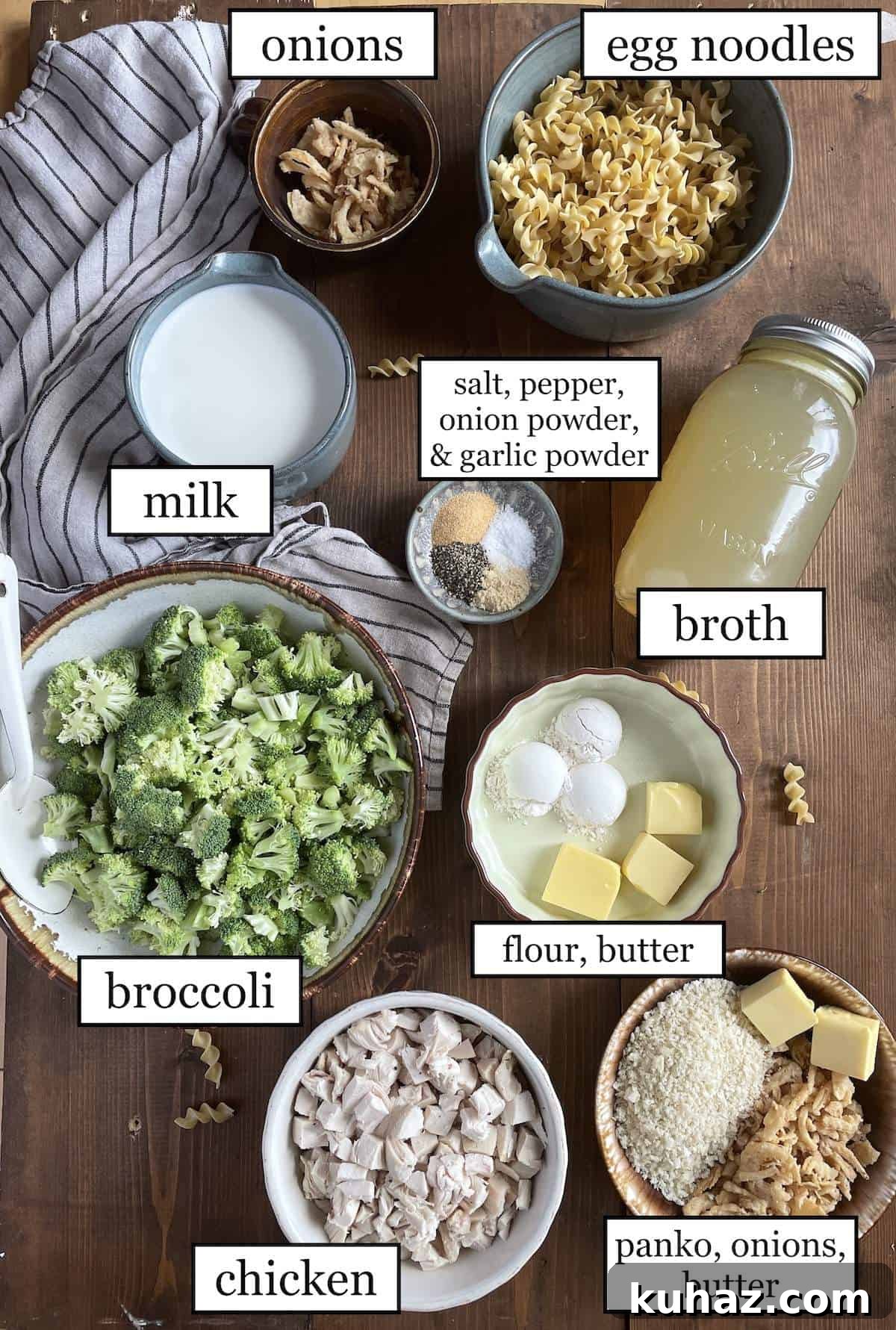 The ingredients in cheesy chicken and broccoli casserole, laid out and labeled.