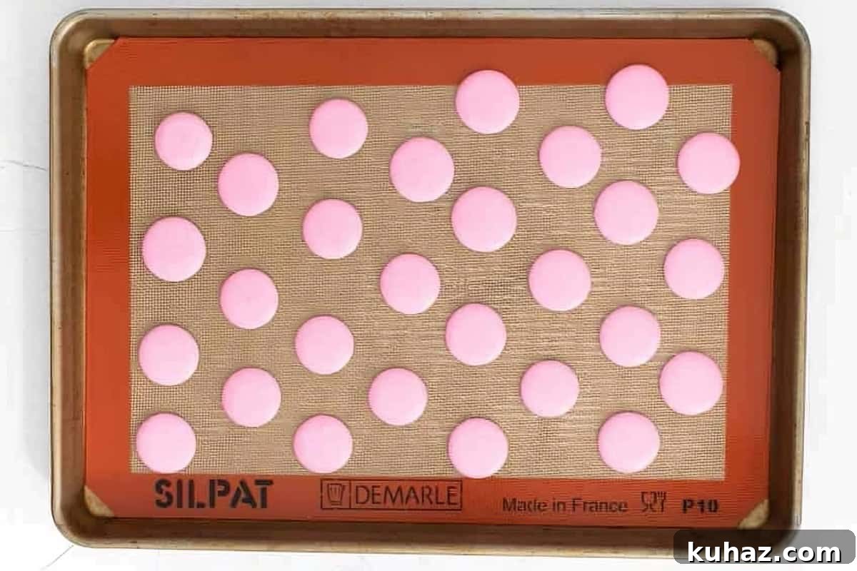 Valentine's Day Macarons: Romantic Recipes and Decorating Ideas 7 piped pink macaron shells on a silpat lined baking sheet.