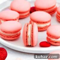 Valentine's Day Macarons: Romantic Recipes and Decorating Ideas 4 Valentine's Day pink macarons on a plate, one is turned on its side.