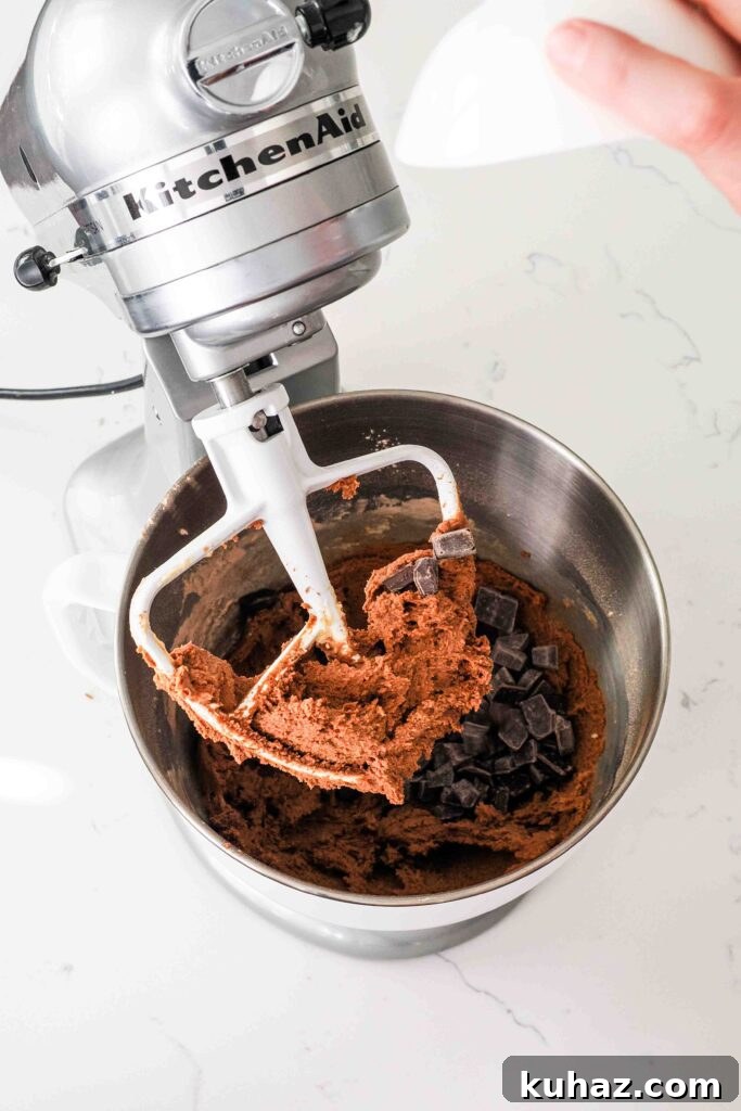 Chewy Double Chocolate Chip Cookies Recipe 9 Chocolate chips are poured into a mixing bowl with chocolate cookie dough.