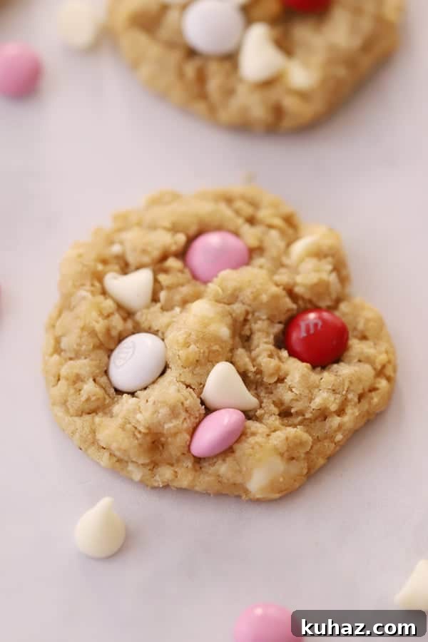 A white chocolate and coconut cookie topped with M&Ms.