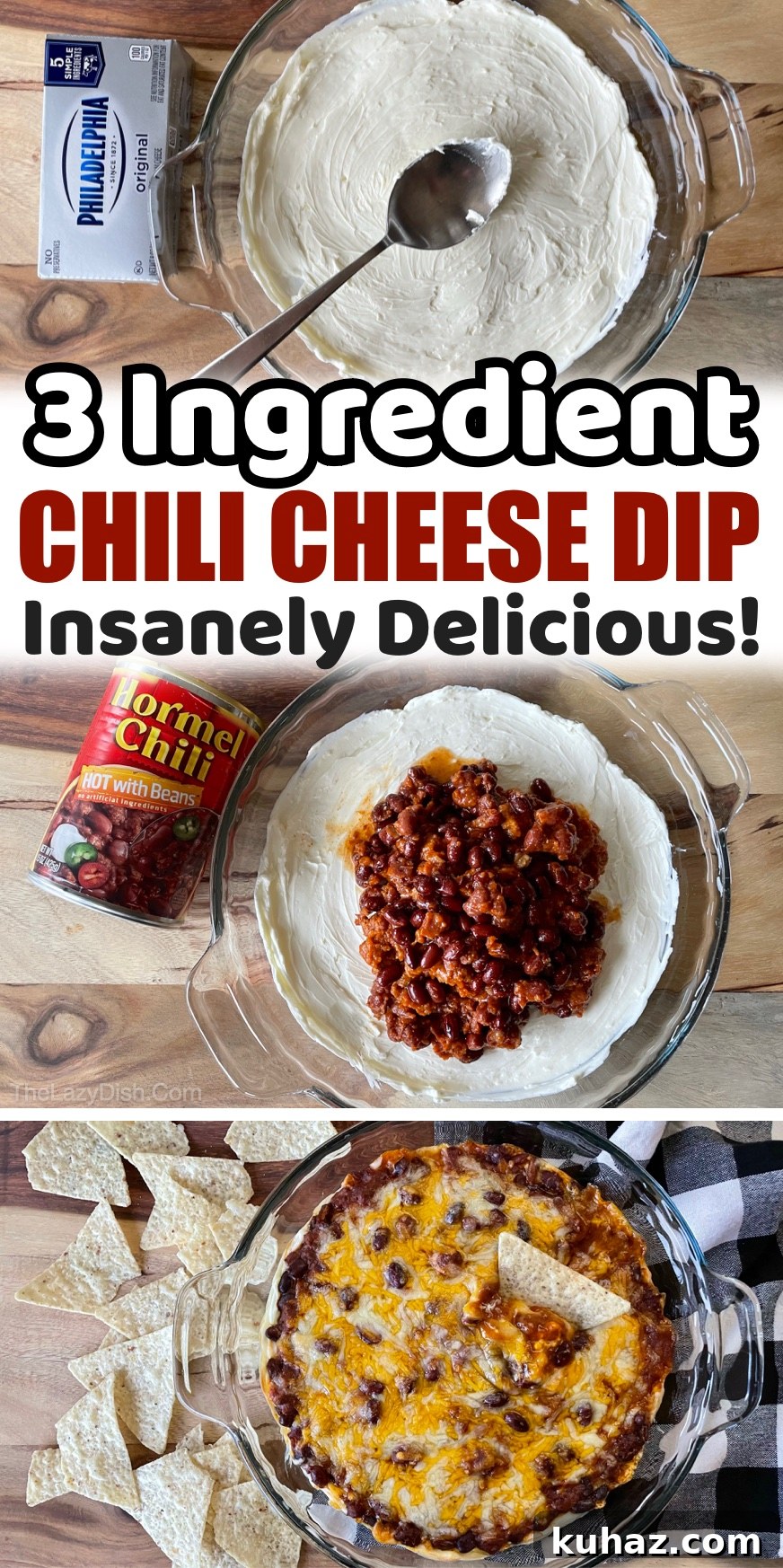 3-Ingredient Chili Cheese Dip Recipe 10 This crowd pleasing appetizer takes less than 5 minutes to prepare! Serve this easy warm dip with tortilla chips or Fritos scoops at your next party or family gathering. It's perfect for game day or football Sunday! It's always the first thing to disappear at parties. You just layer a block of cream cheese, a can of chili, and shredded cheese in a shallow baking dish and then bake for about 25 minutes. Insanely delicious and so quick and simple to make!