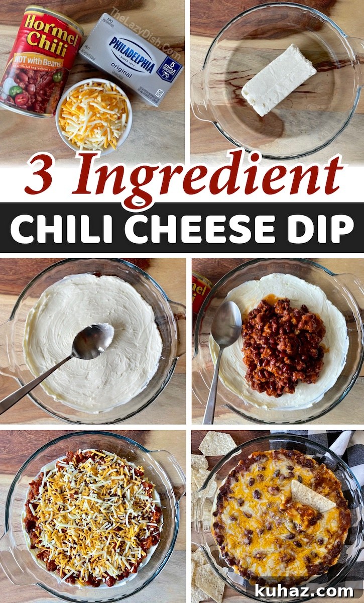 3-Ingredient Chili Cheese Dip Recipe 11 3 ingredient chili cheese dip! This quick and easy appetizer is perfect for feeding a crowd, and so simple to throw together last minute with just a few ingredients: cream cheese, a can of chili, shredded cheese, and tortilla chips for serving. If you're looking for a chip dip for parties, this amazing finger food is some serious crowd pleasing comfort food!