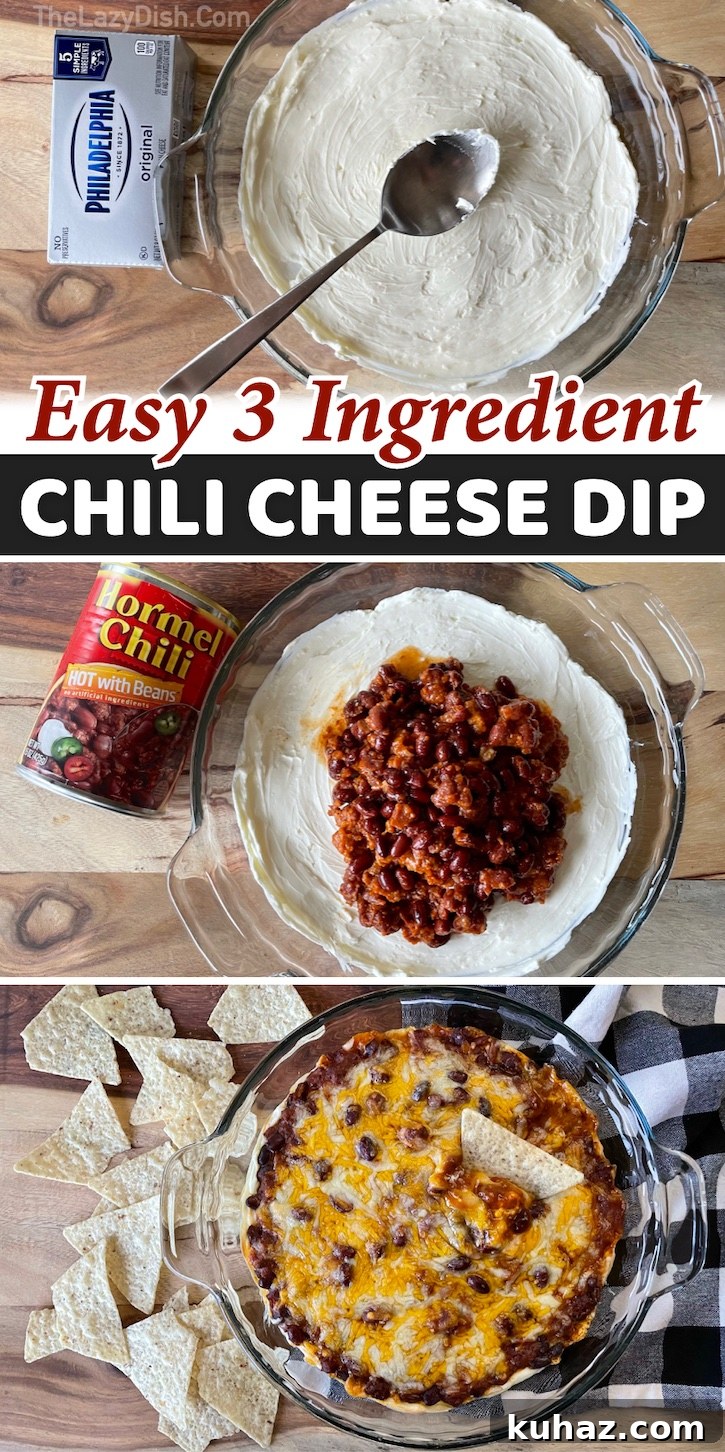 3-Ingredient Chili Cheese Dip Recipe 12 Chili Cream Cheese Dip | The best quick and easy party food! If you're looking for simple appetizers to make for a party, this 3 ingredient chip dip is awesome! It's my go-to last minute chip dip. Super cheesy and delicious! It takes less than 5 minutes to prep and then the oven does the rest. Serve warm with tortilla chips or Fritos Scoops.