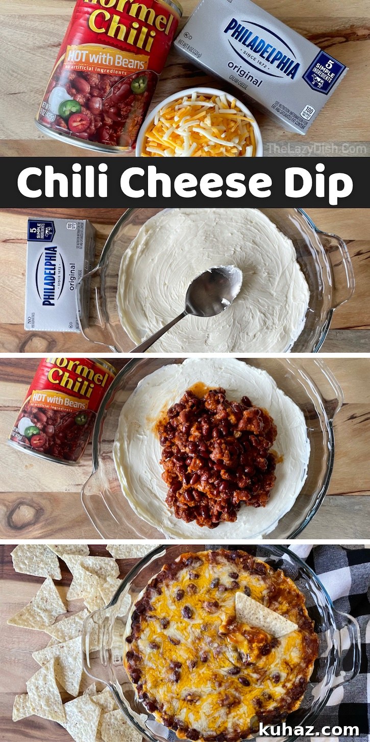 3-Ingredient Chili Cheese Dip Recipe 13 Easy Chili Cheese Dip Appetizer | The best party food! Serve this yummy cream cheese dip with tortilla chips or Fritos Scoops for the best party food you'll ever make. And it's so easy to make with just 3 ingredients! A block of cream cheese, a can of chili, and shredded cheese. This party appetizer crowd pleasing! Everyone always asks me for the recipe.
