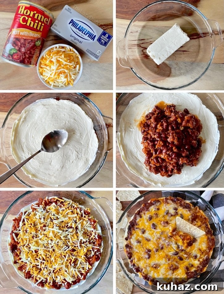 3-Ingredient Chili Cheese Dip Recipe 9 This delicious cream cheese dip is simple to prepare with just a few ingredients including cream cheese, a can of chili, and shredded cheese. A real crowd pleaser with minimal effort! Serve with your favorite bag of tortilla chips and watch as everyone licks their plates clean. If you're looking for quick and easy party food ideas, this appetizer is about as lazy as it gets.