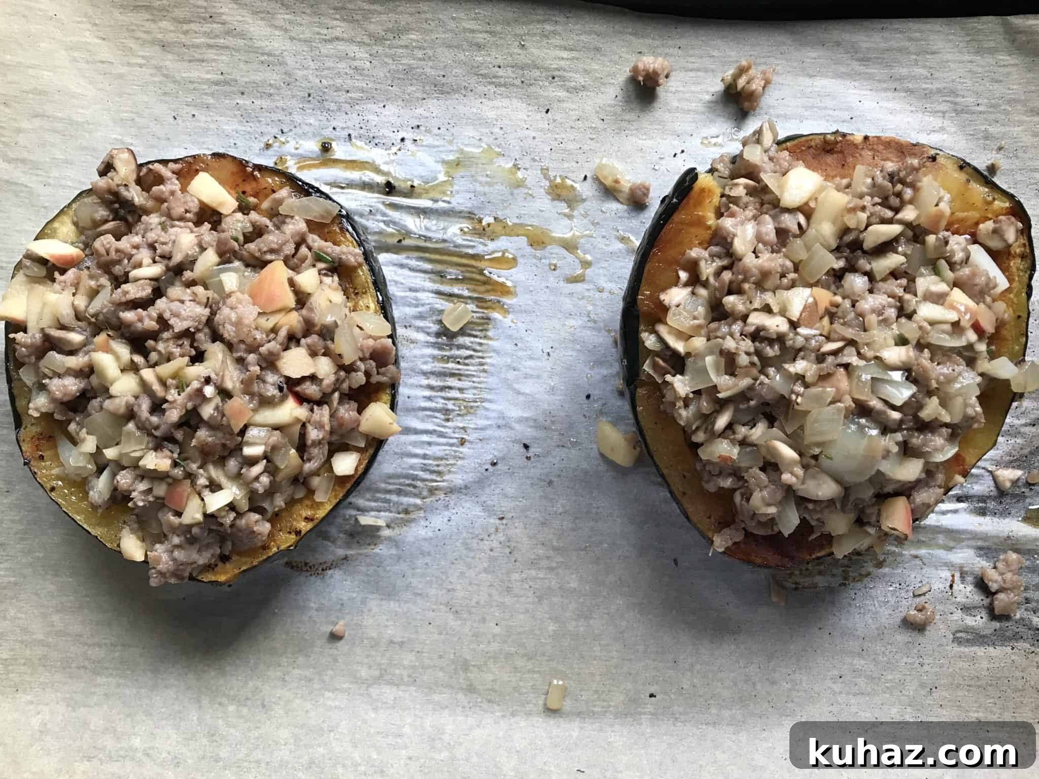 Roasted Acorn Squash Stuffed with Sausage, Mushrooms and Apples 4 Acorn Squash stuffed with sausage and apple mixture