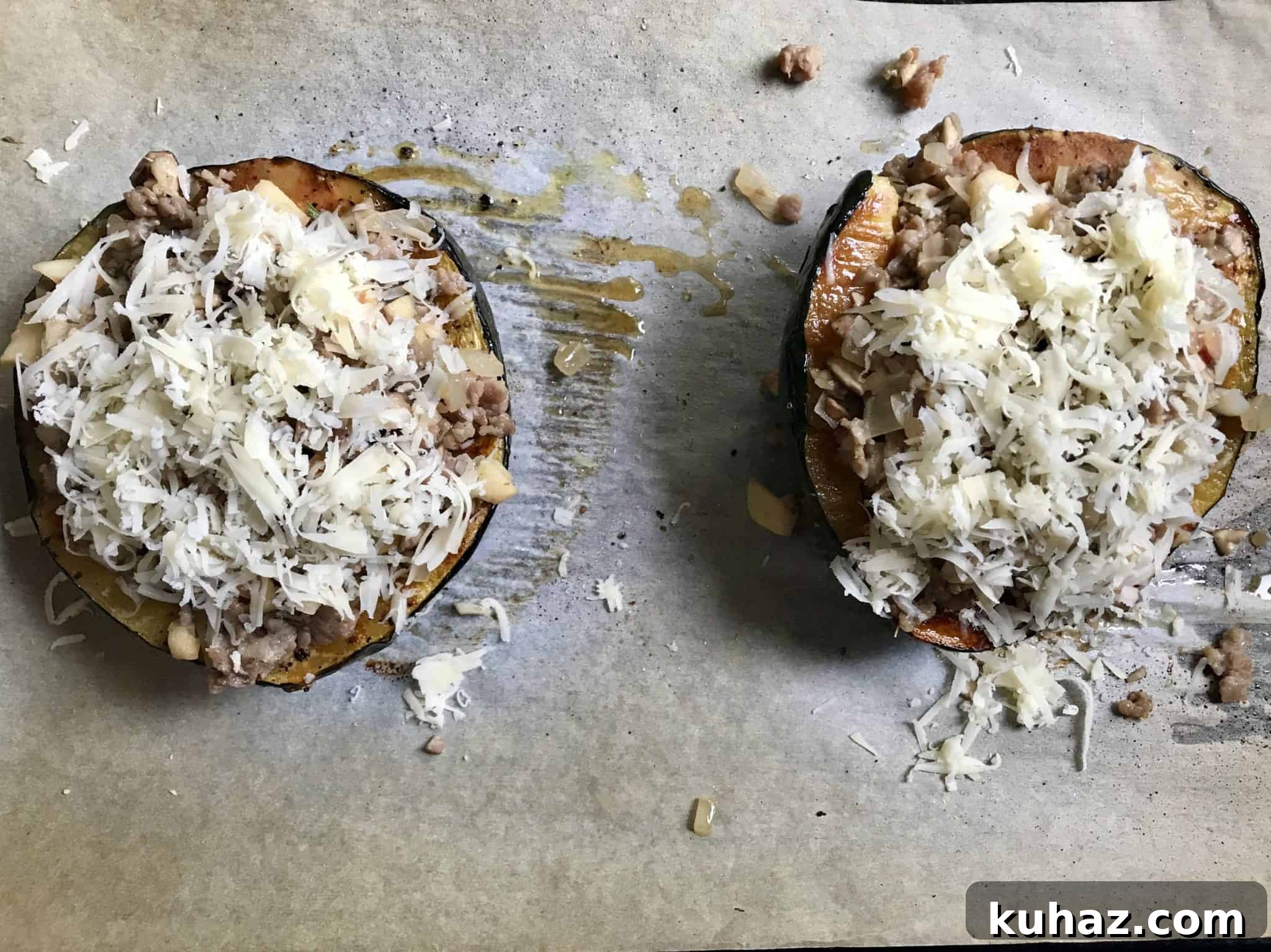 Roasted Acorn Squash Stuffed with Sausage, Mushrooms and Apples 5 Acorn Squash stuffed and topped with shredded gruyère cheese