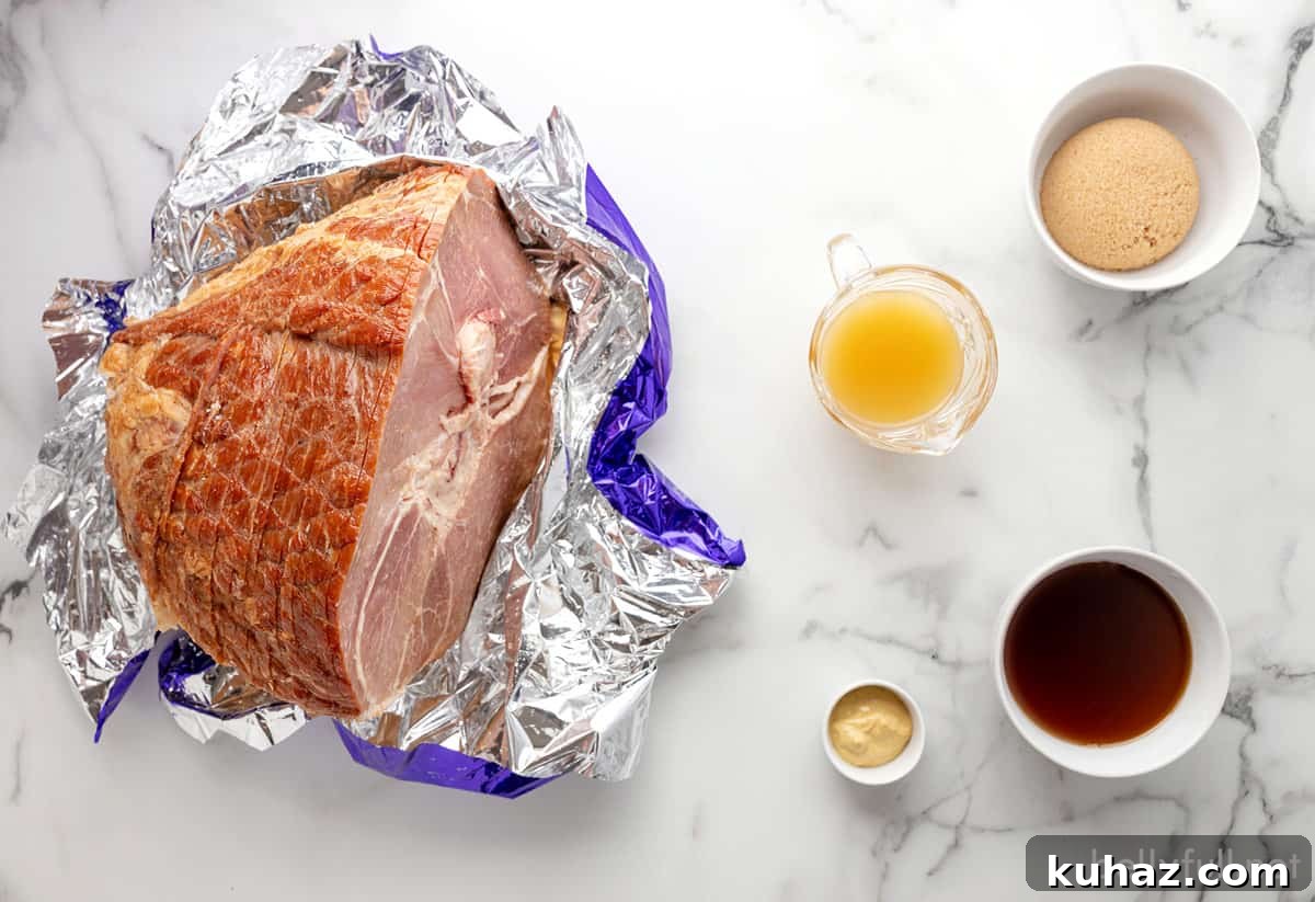 Overhead view of crockpot ham ingredients