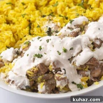 Moroccan Chicken with Saffron Rice 12 A close up look at a chicken shawarma rice dish.