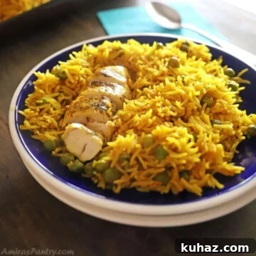 Moroccan Chicken with Saffron Rice 14 Yellow rice and chicken on a plate.