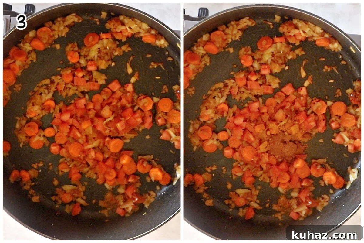 Moroccan Chicken with Saffron Rice 9 A skillet with sauteed vegetables.