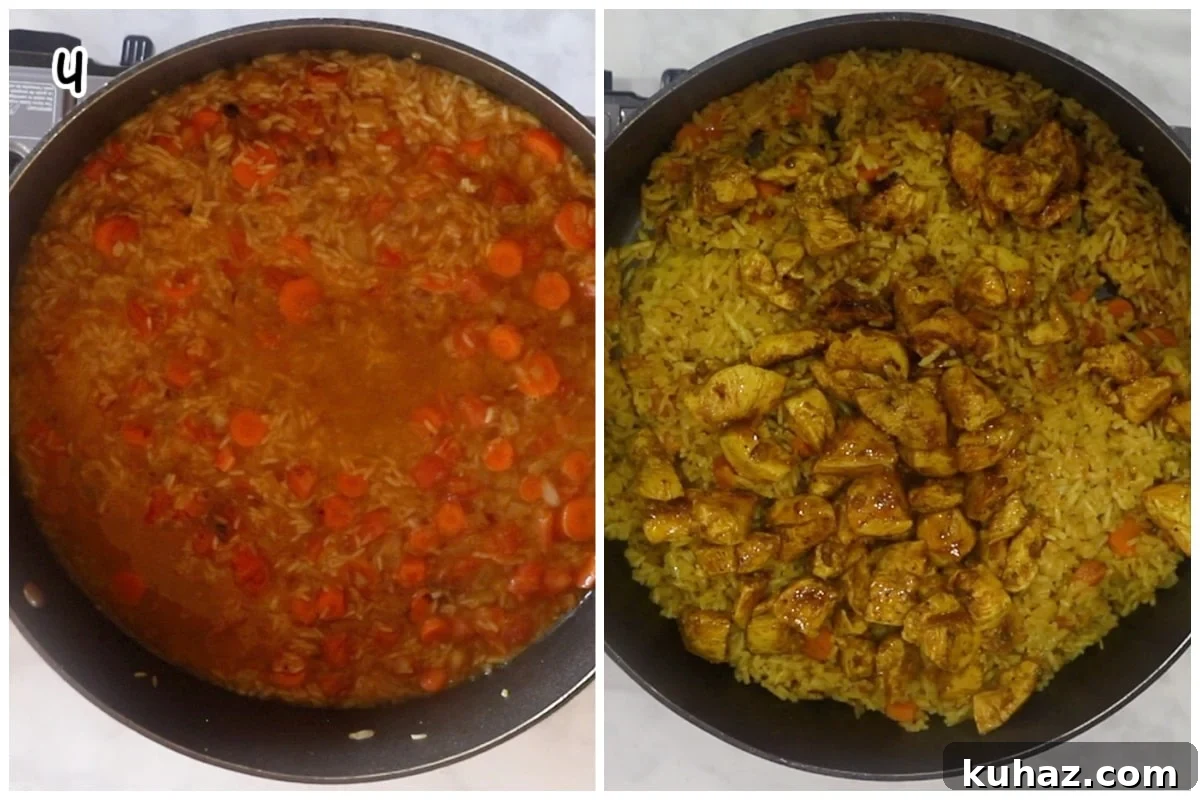 Moroccan Chicken with Saffron Rice 10 A collage of images showing how to finish the Moroccan chicken dish.