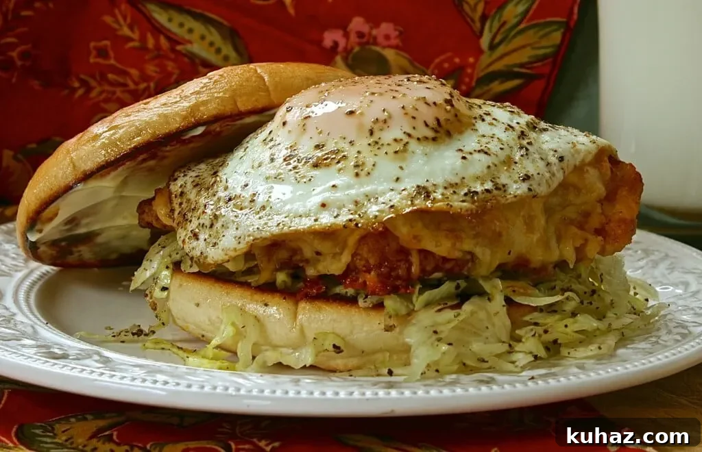 Finished fried chicken and egg sandwich