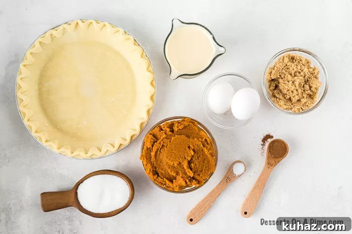 Classic Creamy Pumpkin Pie with Flaky Crust 3 Ingredients needed - pie crust, brown sugar, white sugar, salt, pumpkin pie spice, eggs, pumpkin puree, evaporated milk