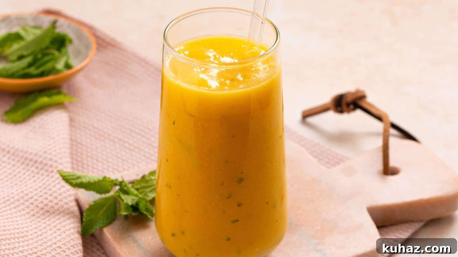13 Gluten-Free Breakfast Recipes to Kickstart Your Morning 11 A tall glass of yellow smoothie is placed on a light-colored stone board with a glass straw. Fresh mint leaves and a cloth napkin are next to it.