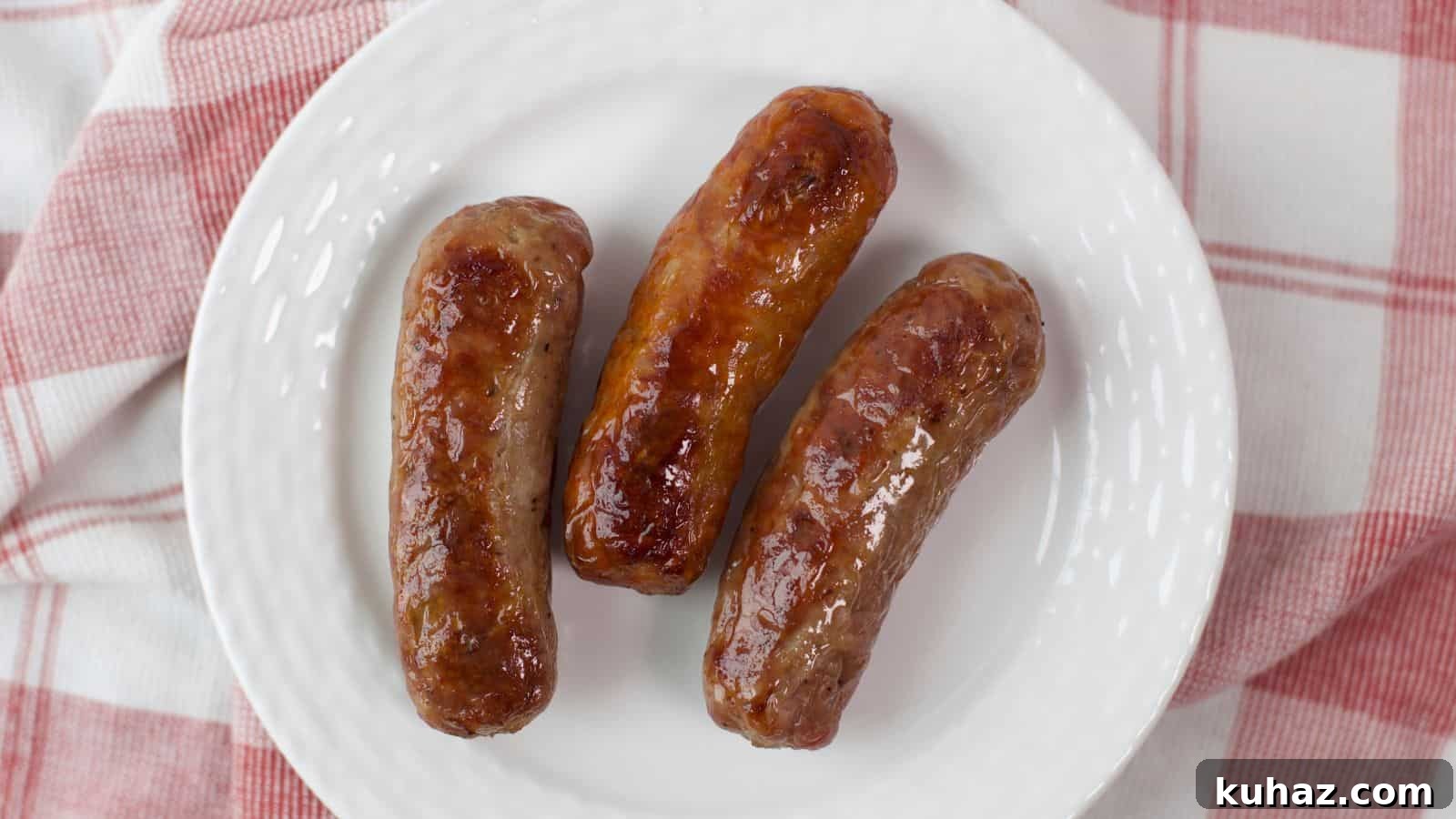 13 Gluten-Free Breakfast Recipes to Kickstart Your Morning 13 Three oven-baked sausages on a white plate with a red and white checkered napkin in the background.