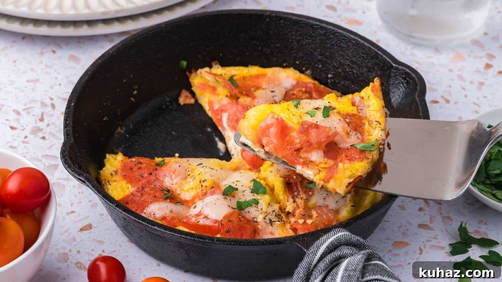 13 Gluten-Free Breakfast Recipes to Kickstart Your Morning 7 A slice of egg pizza is being lifted from a cast iron skillet, topped with pepperoni, cheese, and herbs. Nearby are cherry tomatoes and parsley.