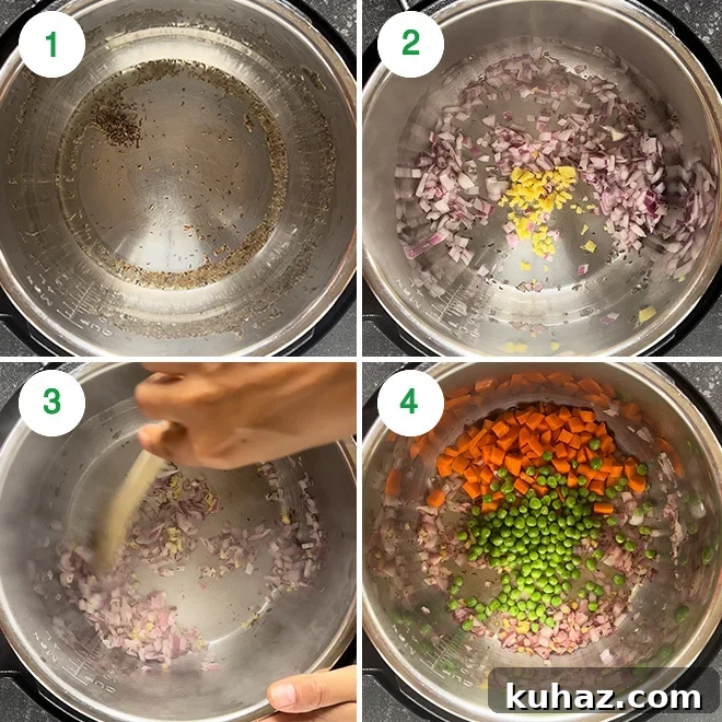 Instant Pot Vegetable Daliya Recipe (Broken Wheat Khichdi) 4 step by step picture collage of making vegetable daliya in instant pot