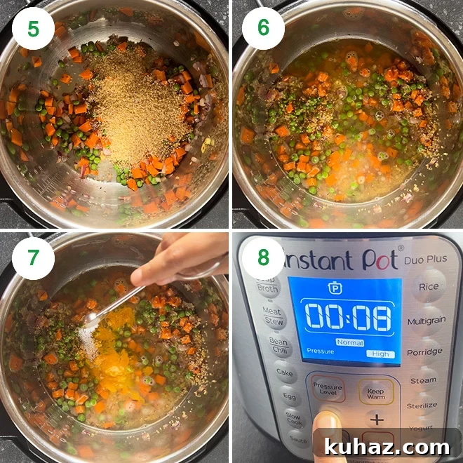 Instant Pot Vegetable Daliya Recipe (Broken Wheat Khichdi) 5 step by step picture collage of making vegetable daliya in instant pot
