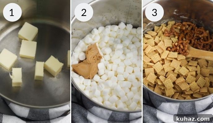 No-Bake Peanut Butter Chex Bars Recipe 4 Butter melting in a pan, next picture marshmallows added and finally the cereal added.
