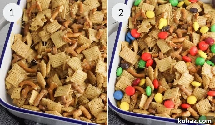 No-Bake Peanut Butter Chex Bars Recipe 5 mixture spread out in a pan with candy topping added.
