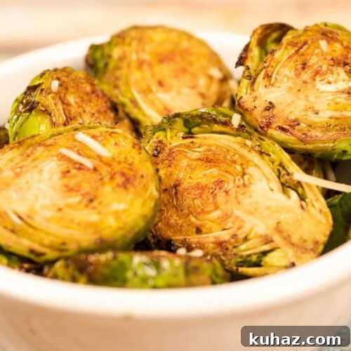 air fryer parmesan balsamic brussel sprouts close up