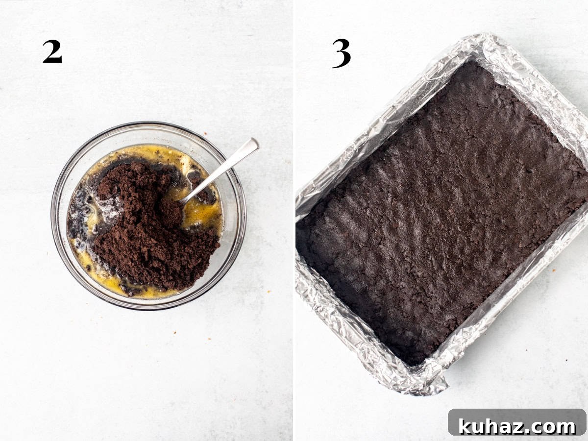 Chocolate Cheesecake Bars Recipe 4 Bowl of crushed Oreo cookies and melted butter and 9x13 inch pan with Oreo cookie crust.