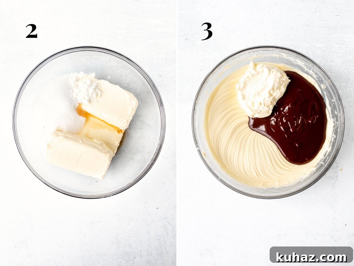 Chocolate Cheesecake Bars Recipe 6 Bowl of cream cheese and sugar, and bowl of cream cheese and sugar beaten together with melted butter and sour cream