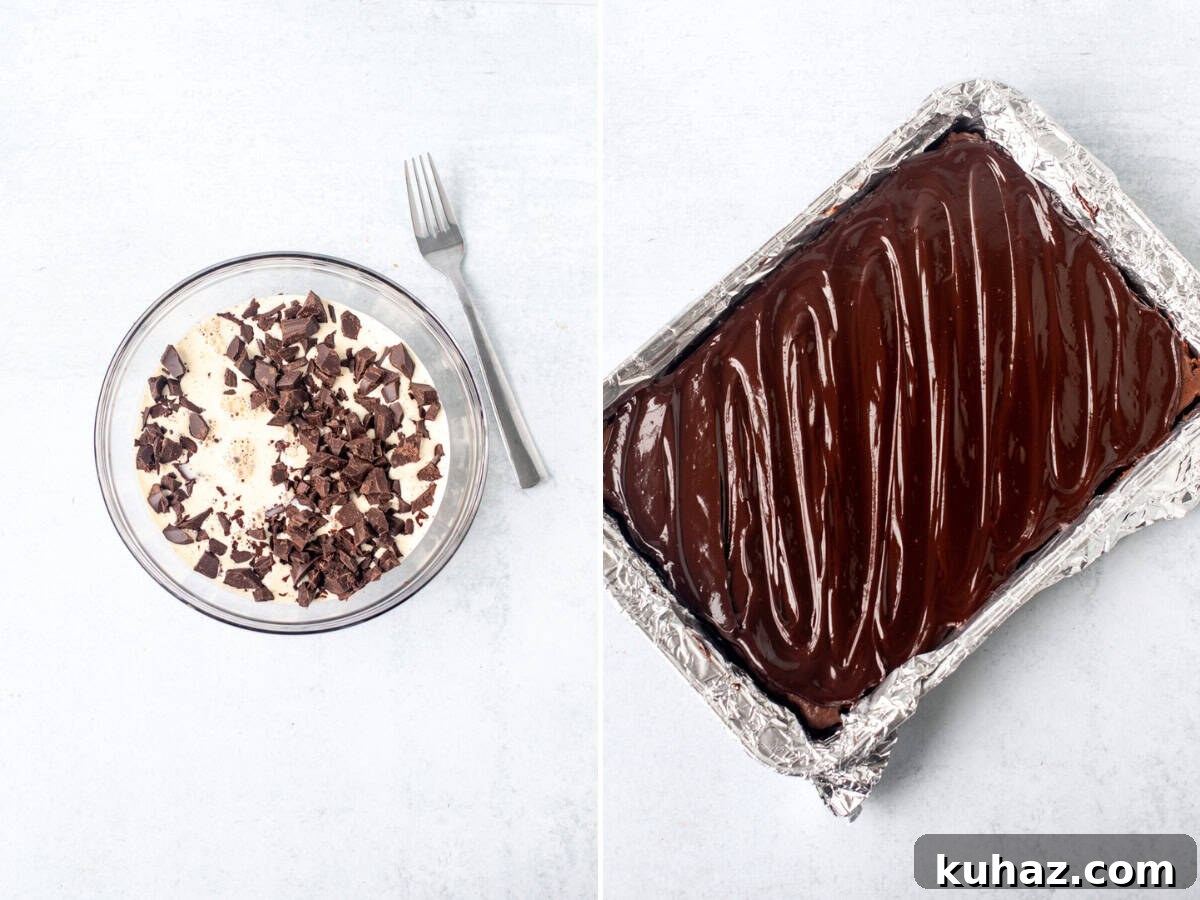 Chocolate Cheesecake Bars Recipe 8 Bowl with chopped chocolate and whipped cream, and pan of chocolate cheesecake bars topped with chocolate ganache