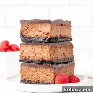 Chocolate Cheesecake Bars Recipe 10 Stack of three chocolate cheesecake bars