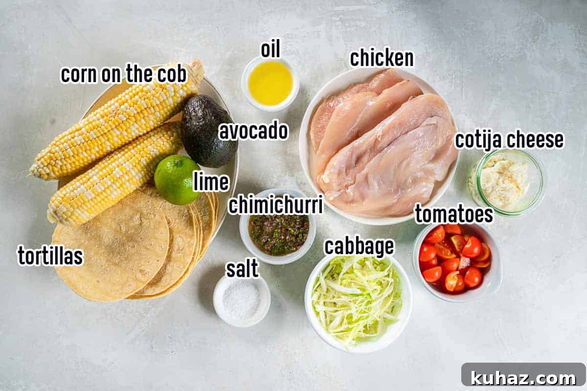 Grilled Chimichurri Chicken Tacos with Lime & Cilantro 4 Chicken, chimichurri sauce, tortillas and other taco ingredients in bowls with text overlay.