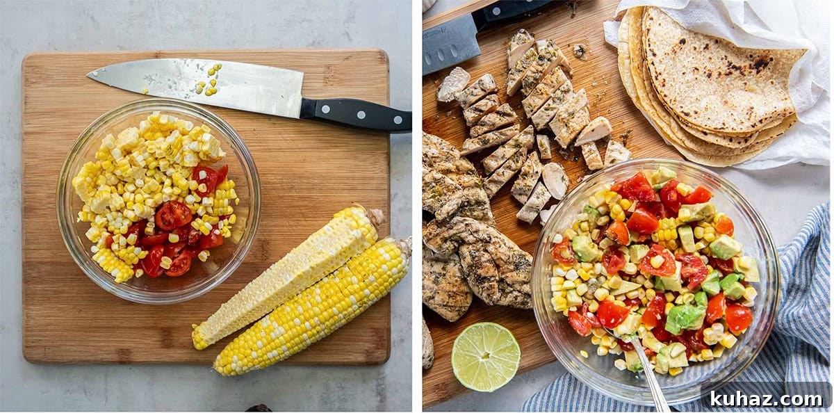 Grilled Chimichurri Chicken Tacos with Lime & Cilantro 7 Two images of corn and cherry tomatoes in a bowl with avocado and sliced chicken on a cutting board.
