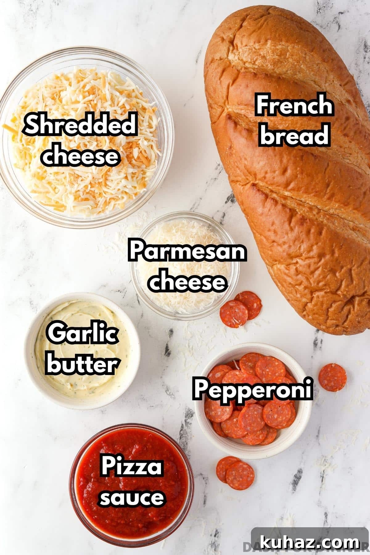 Homemade French Bread Pizza Recipe 3 The ingredients needed to make French bread pizza: pizza sauce, shredded cheese, pepperoni, garlic butter, and French bread.