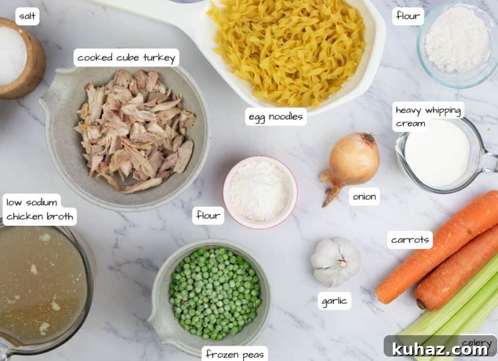 Creamy Turkey Noodle Soup Recipe with Leftover Turkey 4 Creamy Turkey Noodle Soup ingredients with labels.