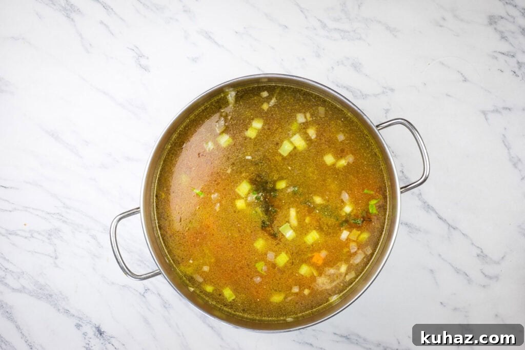 Creamy Turkey Noodle Soup Recipe with Leftover Turkey 7 Add broth and simmer.