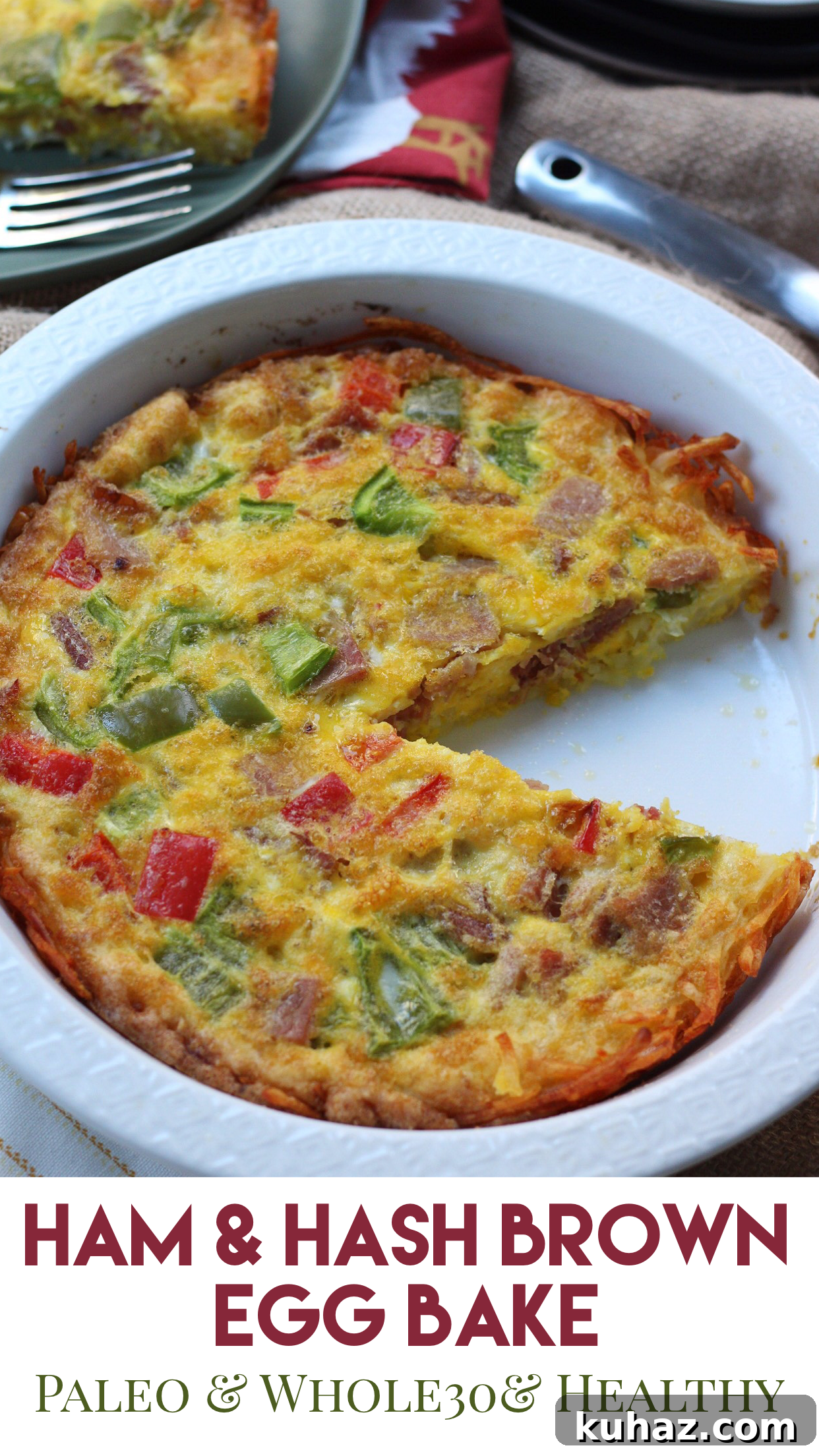 Paleo ham egg bake with a hash brown crust, leftover ham, eggs, and vegetables for a family-friendly breakfast casserole.
