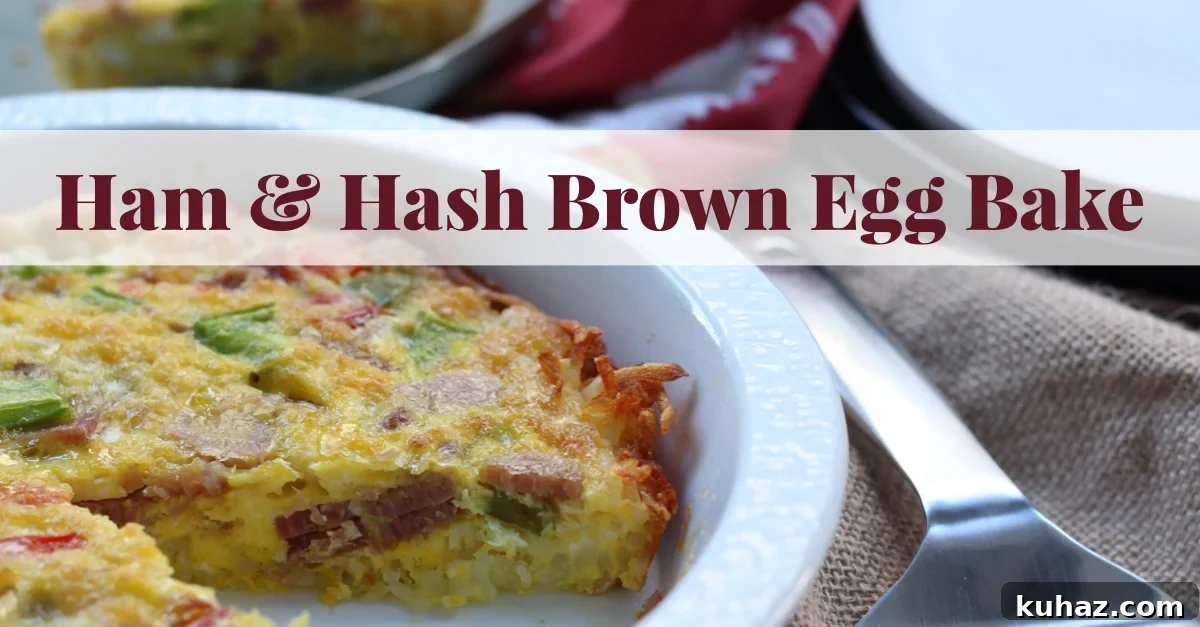 Family-friendly Paleo ham egg bake with hash browns, eggs, vegetables, and cooked ham.