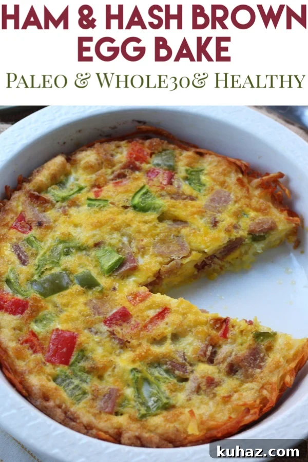 Paleo ham egg bake recipe with a hash brown crust, perfect for leftover ham and breakfast meal prep.