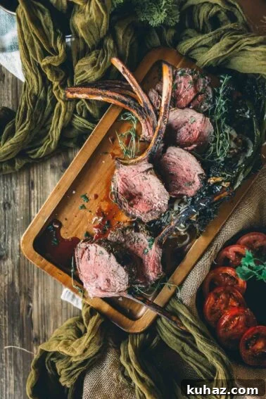How to Grill Tender Elk Steaks with Smoky Flavor 9 A wooden tray holds sliced grilled rack of elk garnished with herbs, set on a rustic table with green cloth and sliced tomatoes nearby.