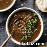 Panera-style black bean soup in a bowl
