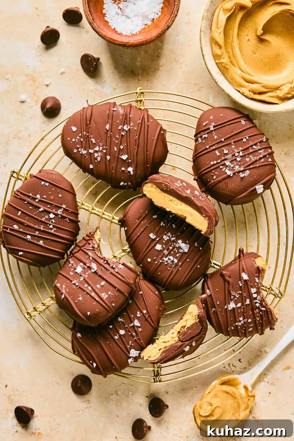 overhead shot of homemade reese's eggs in chocolate.