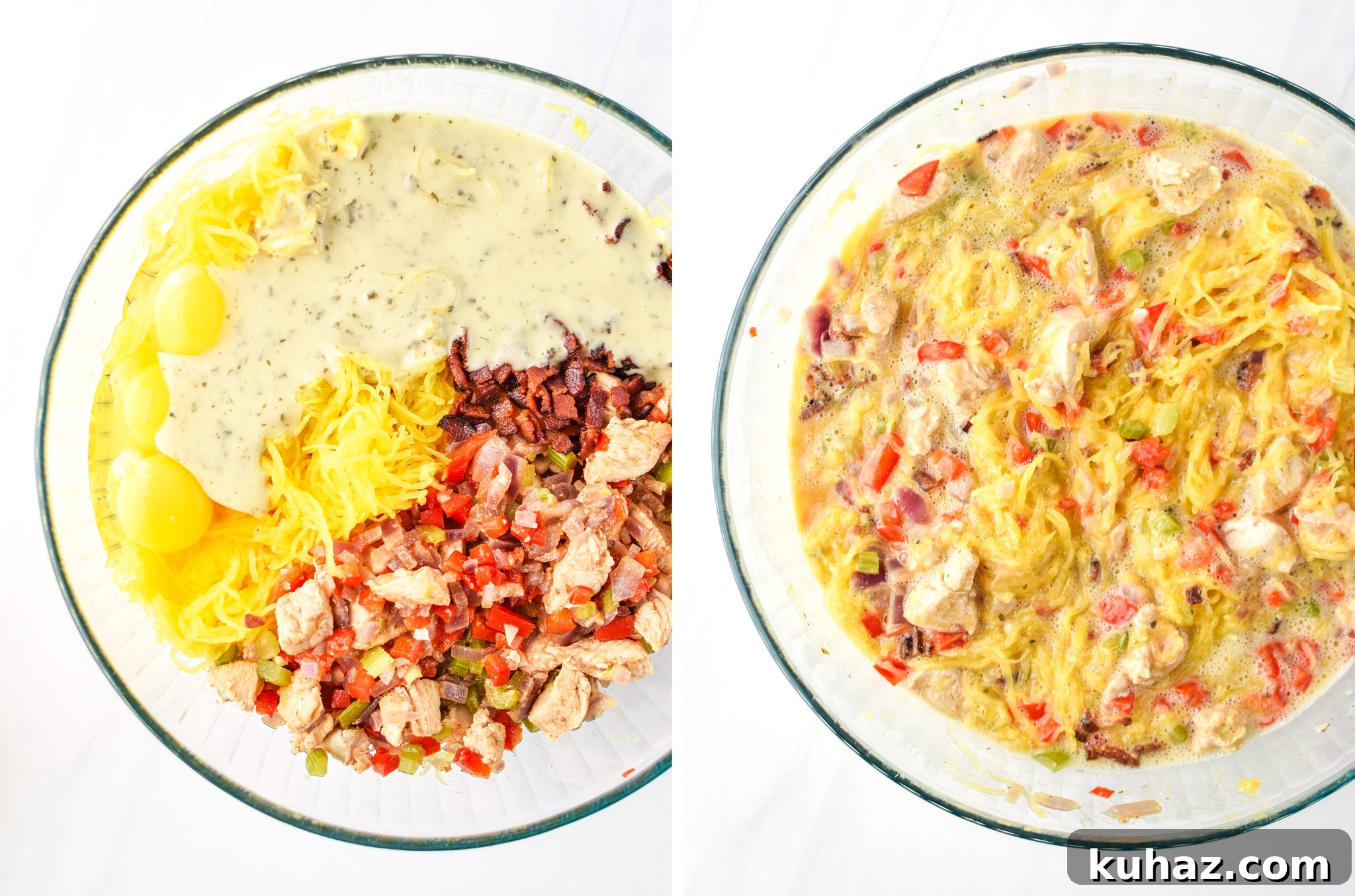 Whole30 Chicken Bacon Ranch Casserole Recipe 6 Left: Ingredients unstired for the Whole30 Chicken Bacon Ranch Casserole. Right: All the ingredients stirred together.