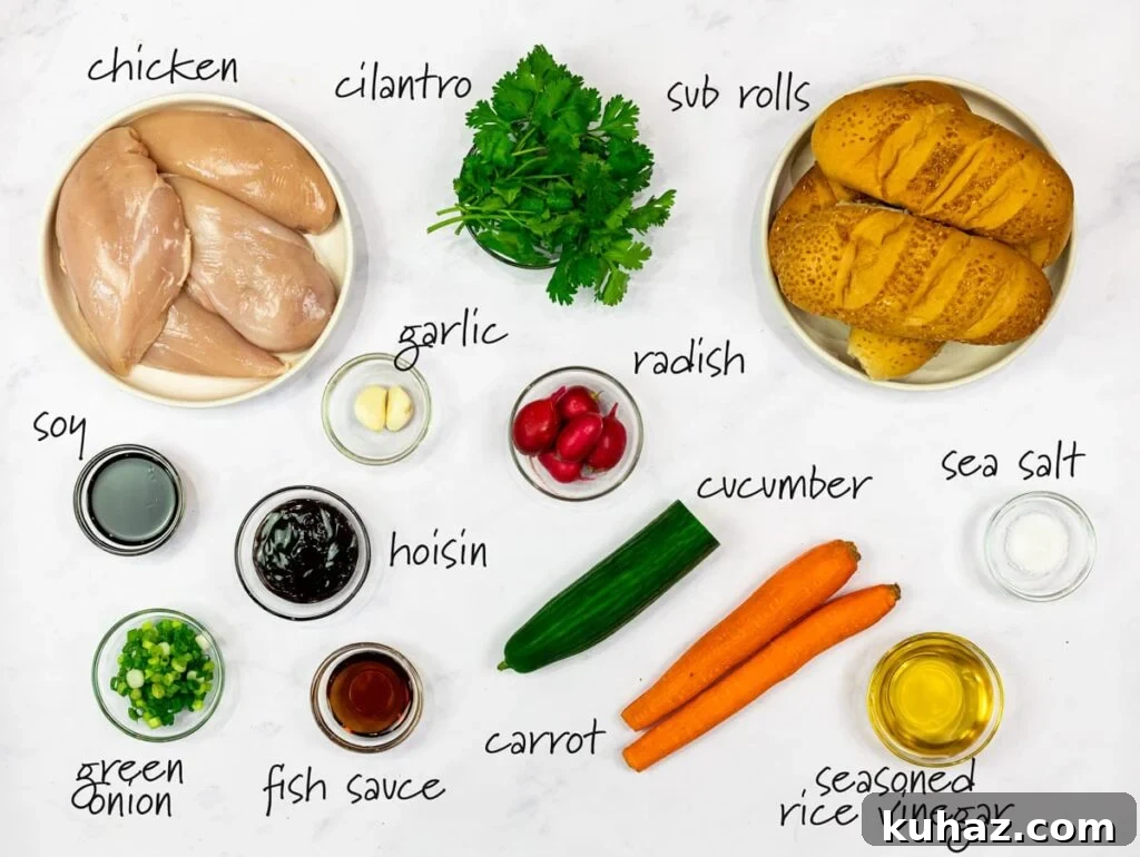 Grilled Chicken Banh Mi Sandwich with Pickled Veggies 3 Ingredients for grilled chicken banh mi with labels
