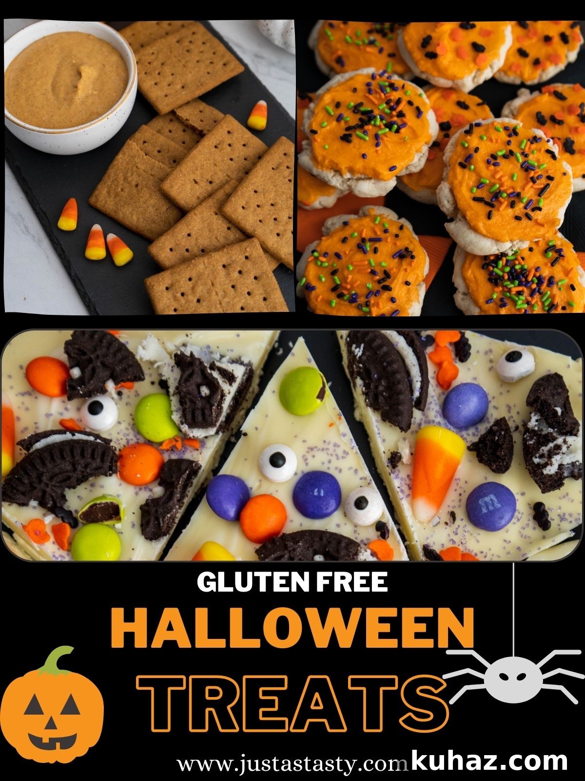 Collage of images featuring pumpkin dip, orange frosted cookies, and Halloween chocolate bark.