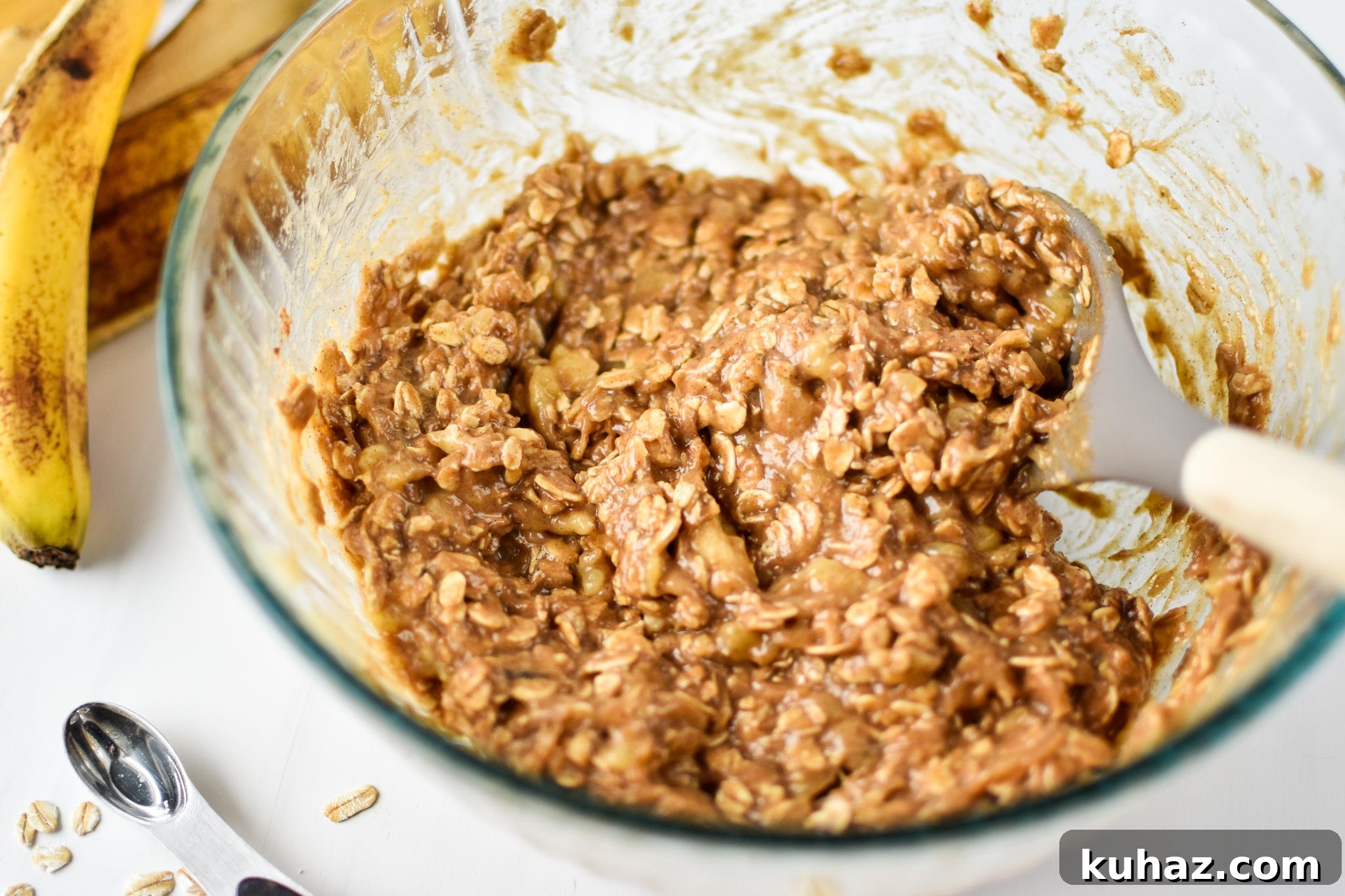 Homemade Peanut Butter Banana Oatmeal Breakfast Bars 8 Ingredients for the PB Banana Oatmeal Breakfast Bars all mixed up.