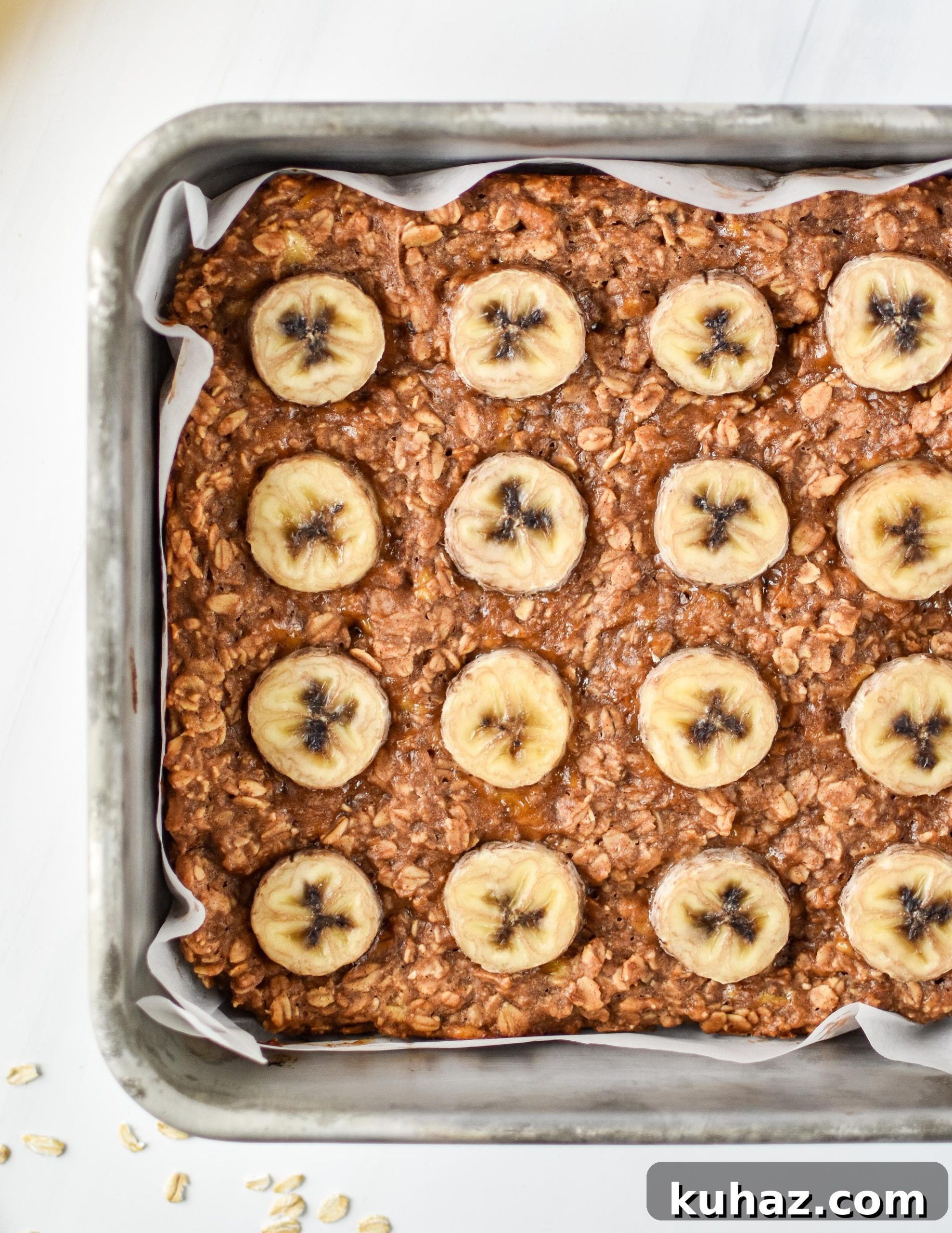 Homemade Peanut Butter Banana Oatmeal Breakfast Bars 10 Fresh from the oven before being cut - PB Banana Oatmeal Breakfast Bars.