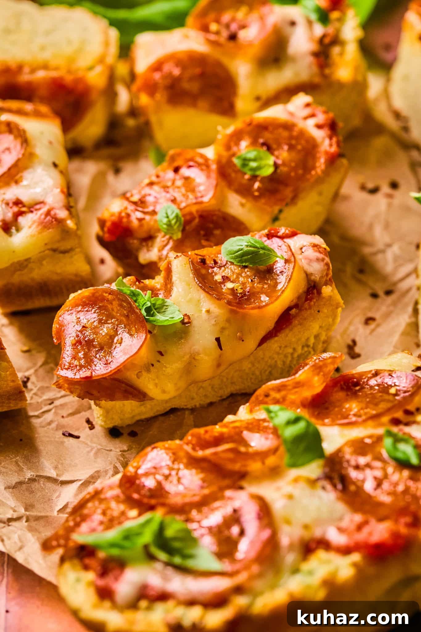 Garlic Bread Pizza Recipe 3 a slice of garlic bread pizza topped with fresh basil and chili flakes.