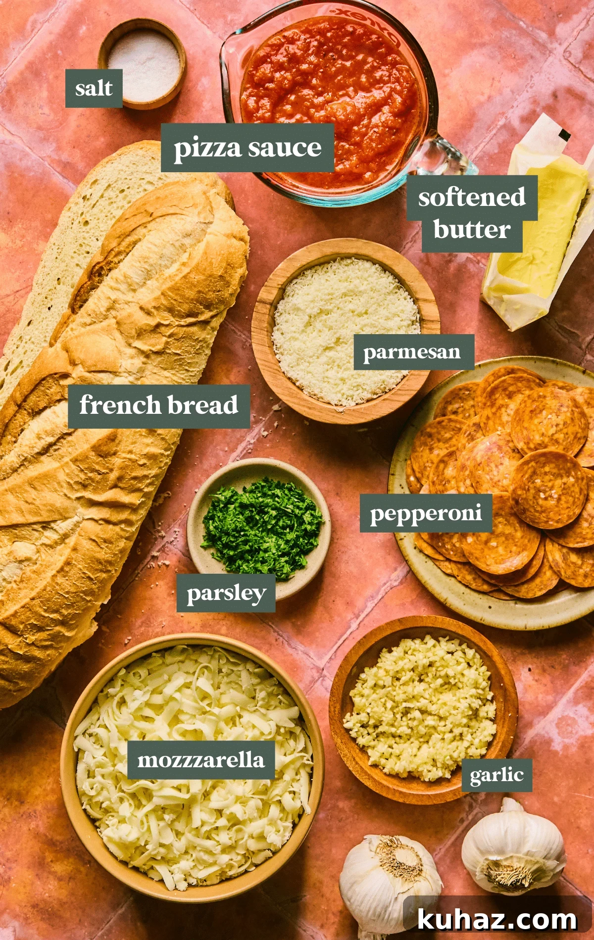 Garlic Bread Pizza Recipe 4 ingredients in small dishes to make garlic bread pizza.